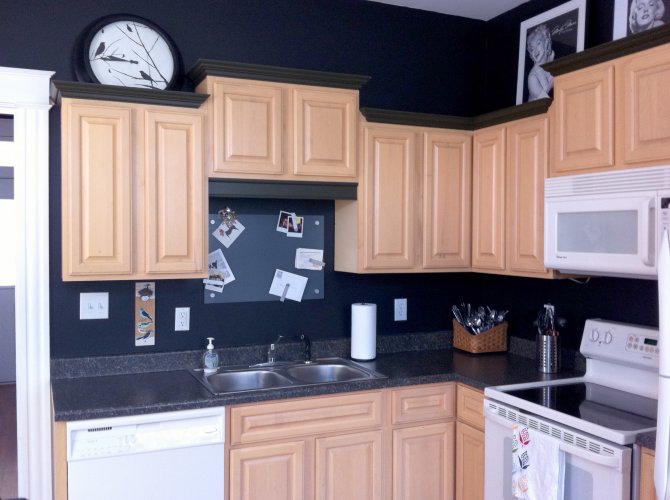 Kitchen With Light Wood Cabinets Dark Countertop And Backsplash