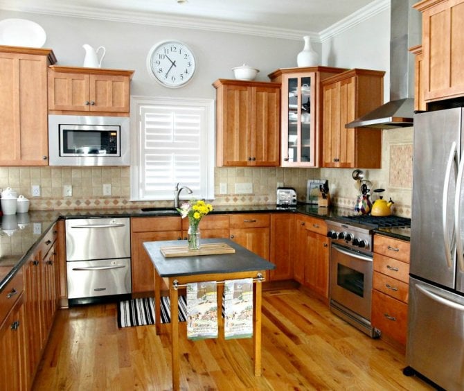 Kitchen With Wood Cabinets Wood Floor Dark Countertop And Beige