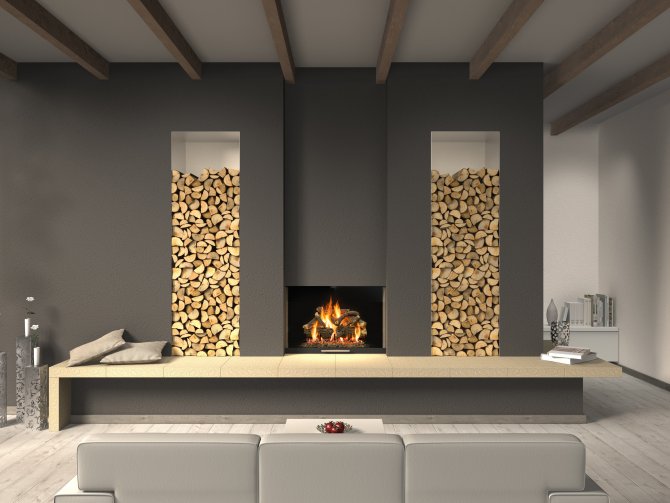 Gas Fireplace With Artistically Placed Columns Of Stacked Wood Gas Fireplace Stacked Wood In Columns Grey Tones