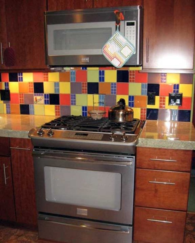 Cherry Cabinets With Colorful Tile Backsplash Angie S List