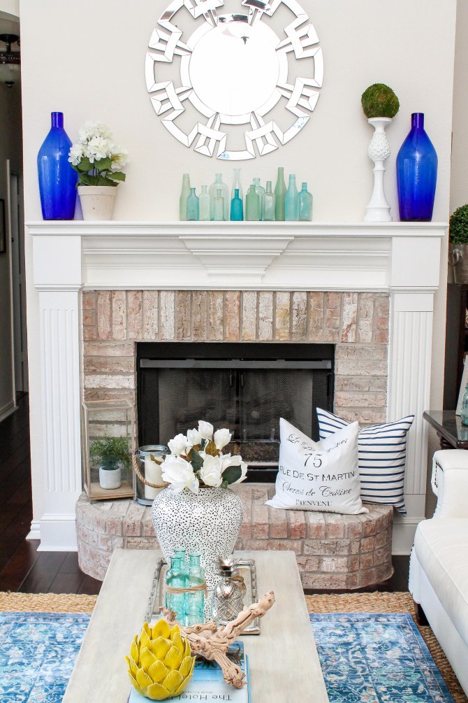 Sea Glass on Coastal Fireplace Mantel | Angie