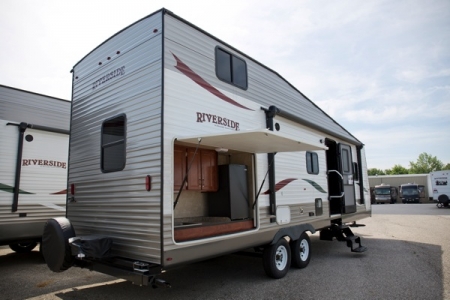 Compartments that open up into kitchens on the side of RV trailers are a popular trend in the industry. (Photo by Eldon Lindsay.)