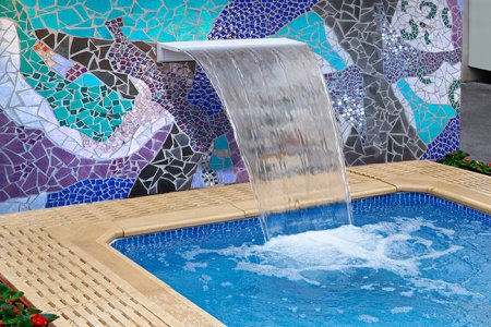 Blue and purple mosaic water wall with water fall feature blue purple mosaic water wall with waterfall