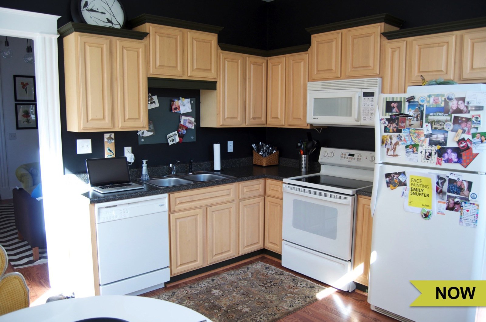 Painting Kitchen Cabinets Before And After Angie S List Small Kitchen With Light Wood Cabinets Dark Countertop And Backsplash