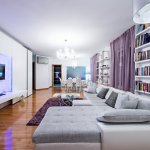 Living Room Lighting Ideas Modern apartment interior of a living room in white and purple tones