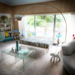 Living Room Lighting Ideas An overall of a portion of the spacious living room, complete with a classic Italian arch floor lamp within the Cohen Mid-Century Modern home.