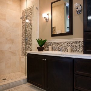 How High Should You Wainscot A Bathroom Wall Angie S List Remodeled Bathroom With Walk In Shower High Grade Cabinets