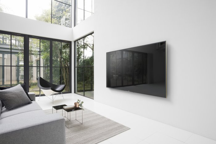 Lifestyle shot of a Sony 65" ZD9 4K Ultra HD TV with High Dynamic Range (HDR) wall mounted in a living room.