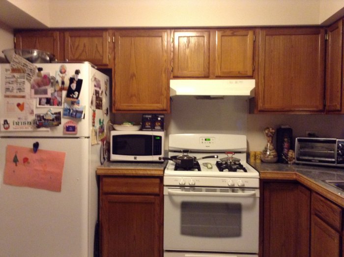 A cluttered kitchen.