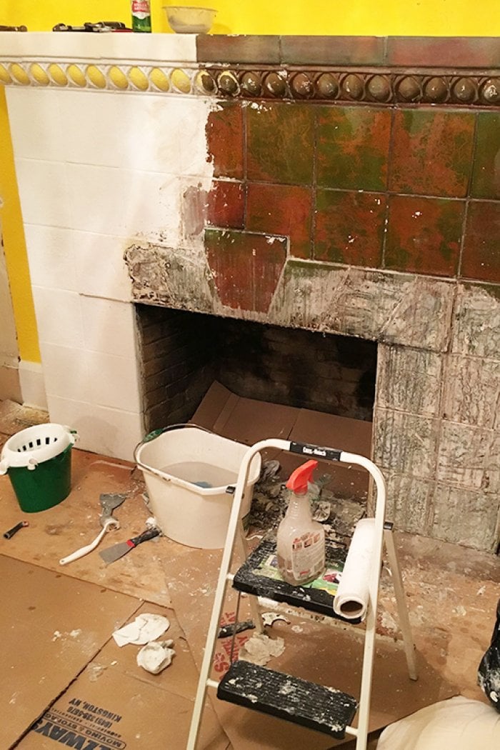 fireplace paint stripping in process