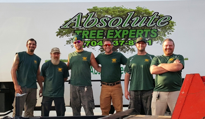 crew of absolute tree experts posing in front of sign