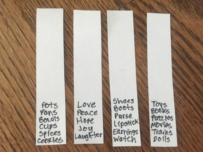 Christmas wish lists on paper strips