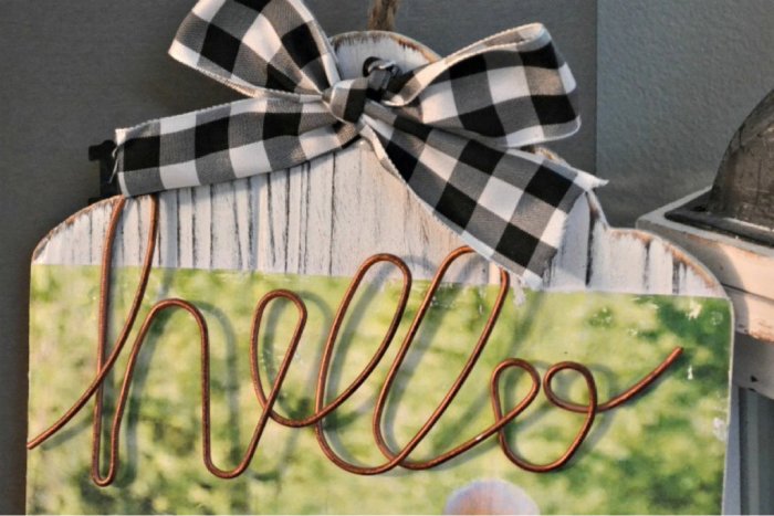 Wood photo transfer with gingham ribbon and metal "hello"