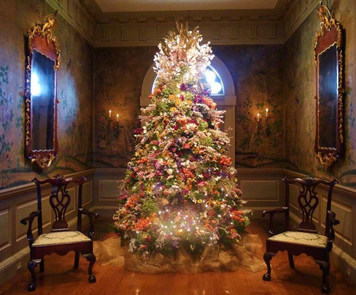 A Christmas tree made of dried flowers at Yuletide at Winterthur in Wilmington, Delaware. (Photo by Shawn Jones)