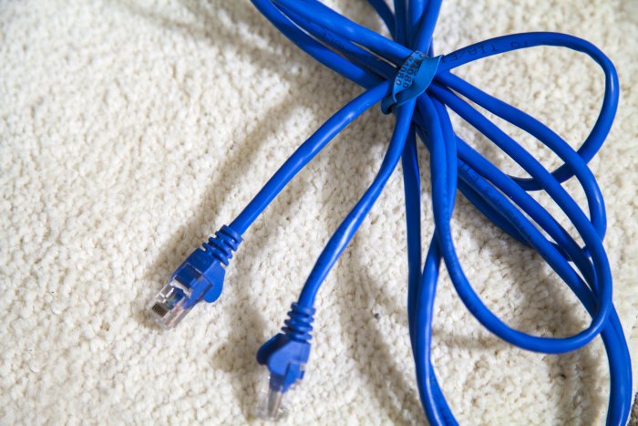 Bundle of blue Ethernet cable on white carpeting.