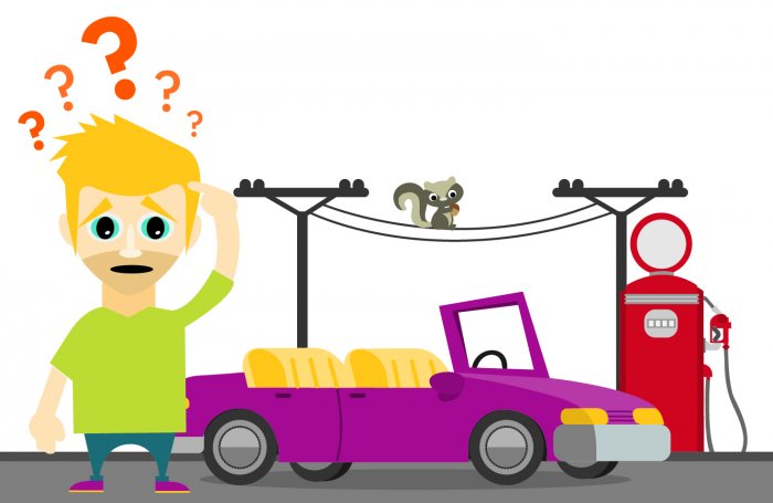 illustration of puzzled man by his purple car