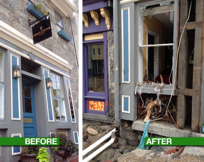 Craig Coyne jewelry store in Ellicott City, Maryland before and after 2016 flood