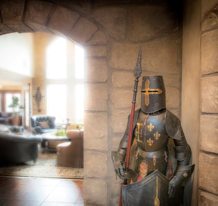 Silver Crow Studios remodel with faux stone and suit of armor