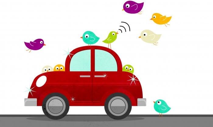 illustration of red car surrounded by birds
