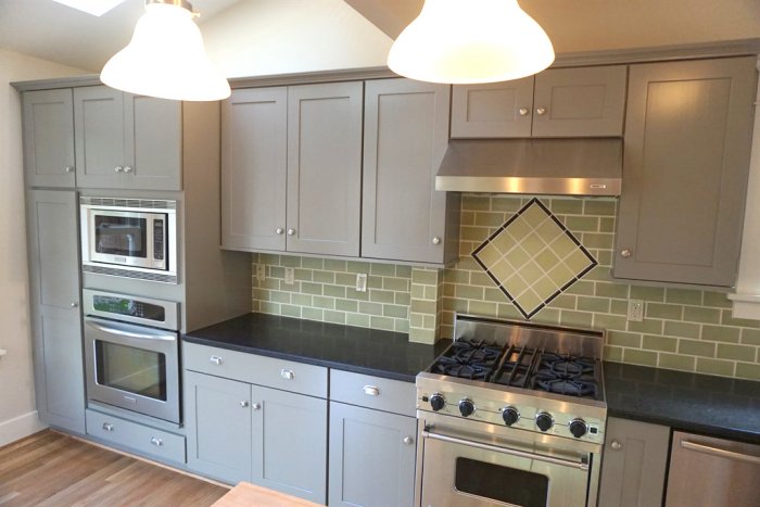 gray painted kitchen cabinets