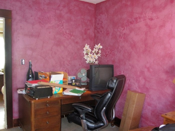 home office with pink walls