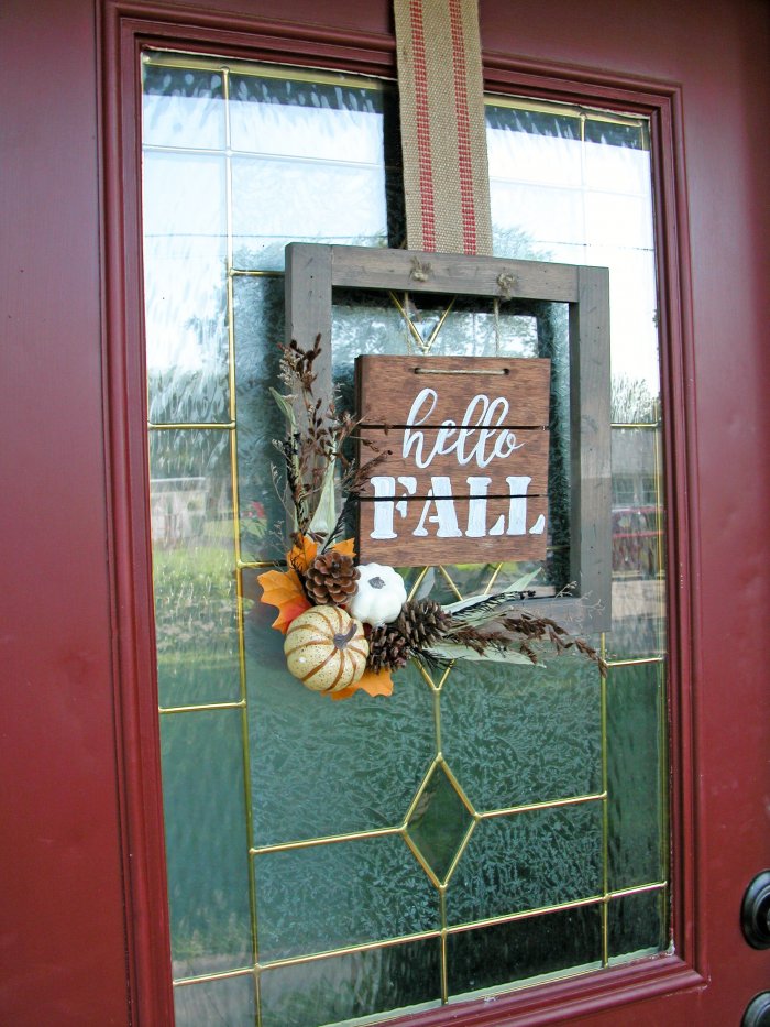 hello fall DIY sign on front door