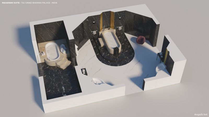a CG rendering of the Maharani Suite bathroom... with two baths!