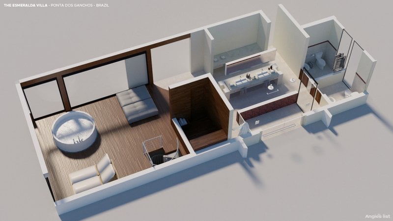 a rendering of the Ponta Dos Gachos bathroom with two separate toilets, two sinks, two rain-showers, and a sauna for two. The showers open up into a private garden, and the whirlpool bathtub
