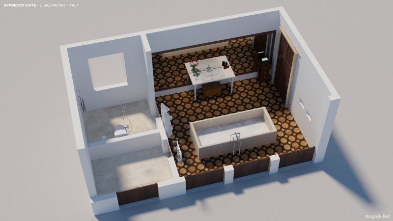 the Il Salviatino bathroom with the freestanding stone bathtub