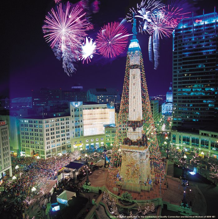 The Indianapolis Circle of Lights at the Monument Circle. (Photo courtesy of Downtown Indy)