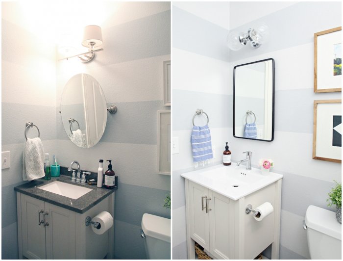 Before the cabinet was installed, the bathroom was cluttered, dark and lacked storage. (Photo courtesy of Jennifer Jones/iHeart Organizing)