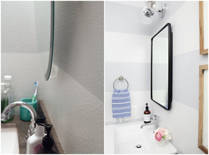 The first mirror was broken and the bathroom needed extra storage. (Photo courtesy of Jennifer Jones/iHeart Organizing)