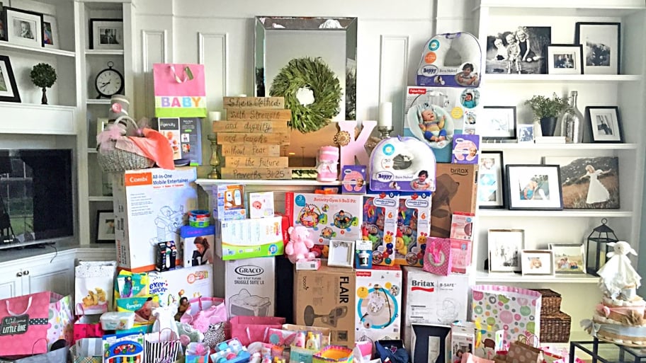 baby shower gift pile