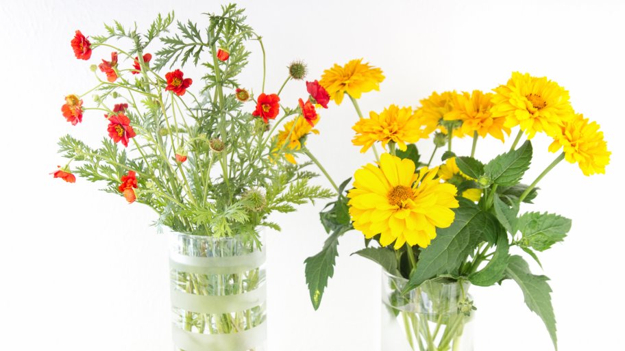 etched vases with flowers