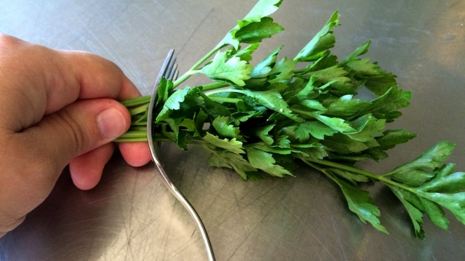 chef using fork to trim parsley leaves