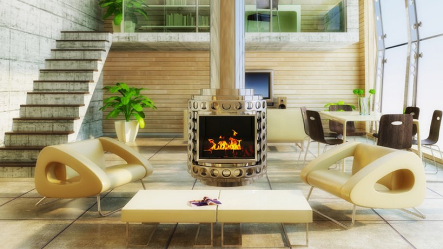 modern metal fireplace in loft