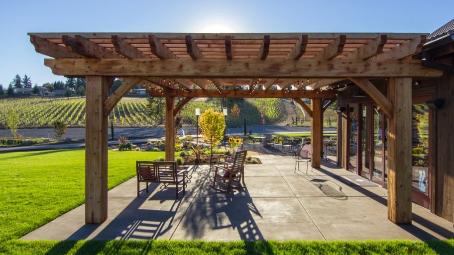 Redwood pergola in backyard