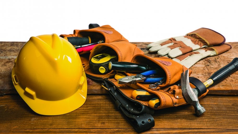 handyman tools, toolbelt and hardhat