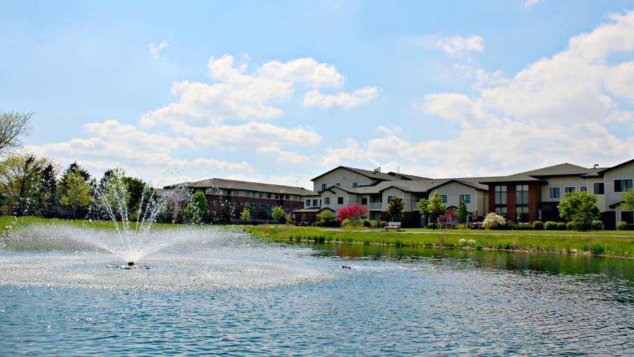 senior community with pond and fountain