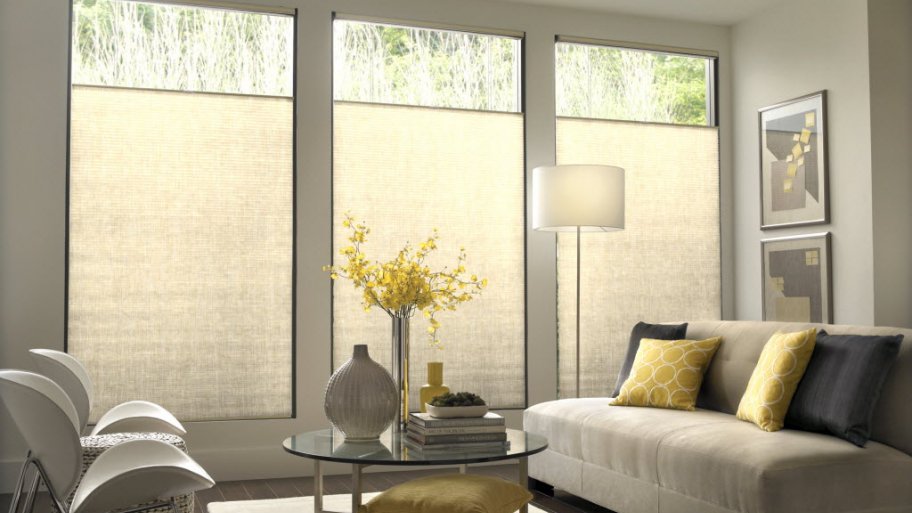 Cellular Shades in Gray and Yellow Living Room