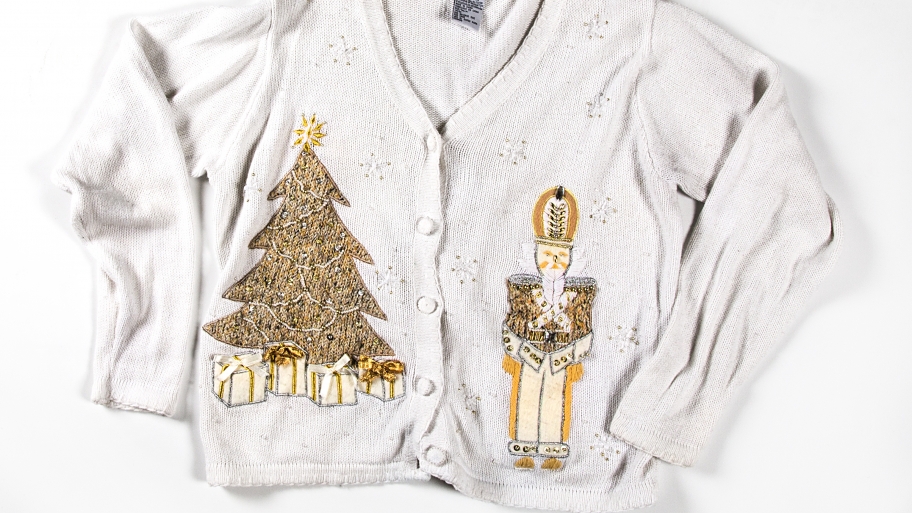 white ugly christmas sweater with tree