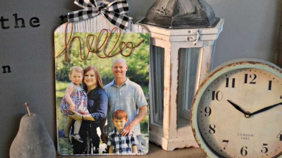 Rustic wood photo with clock and lantern