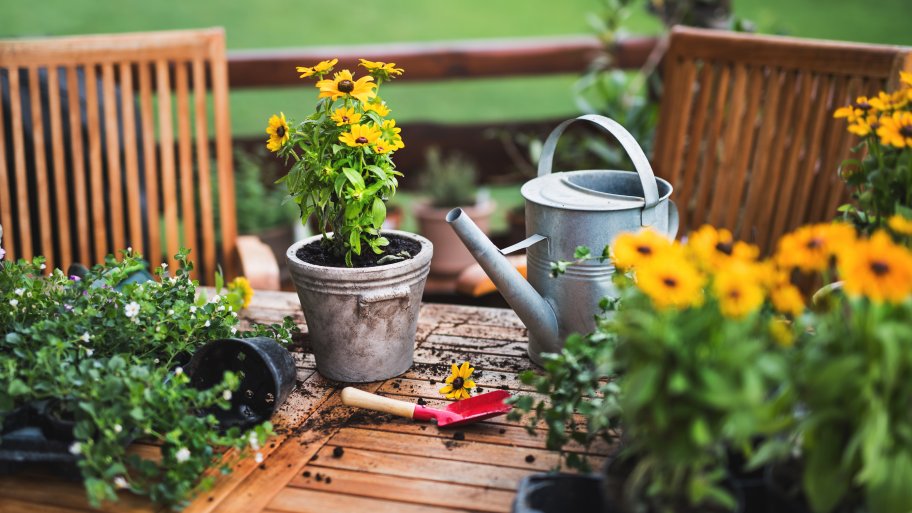 a wooden patio table with plants, dirt
