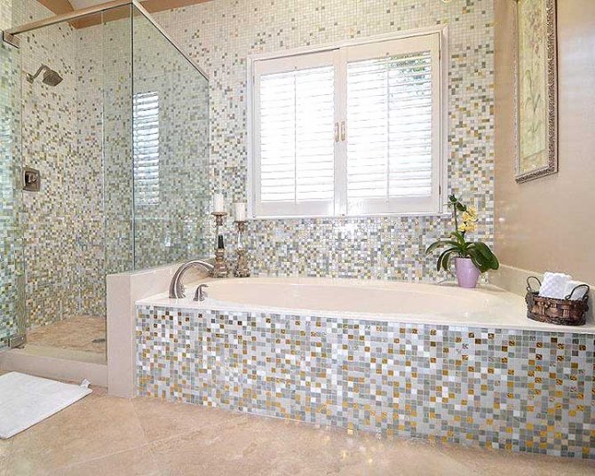Bathroom Remodel With Silver And Gold Mosaic Tiles Angie S List Bathroom Remodel With Silver And Gold Mosaic Tiles