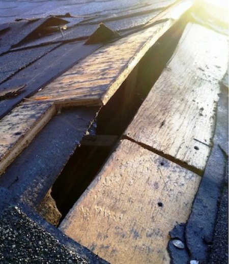 Extensive roof damage caused by foundation problems. (Photo courtesy of Mark Nosrati of Final Cut Roofing)