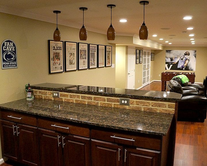 basement remodel with bar area
