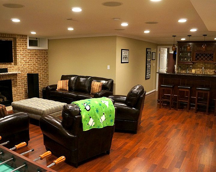 basement remodel with new bar area, bathroom, bedroom and office space