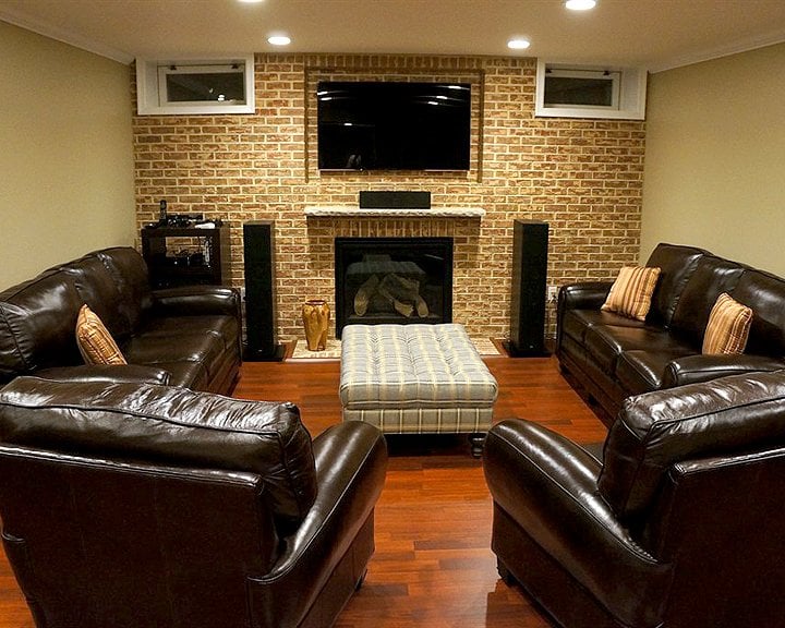 basement remodel with gas fireplace and surround sound