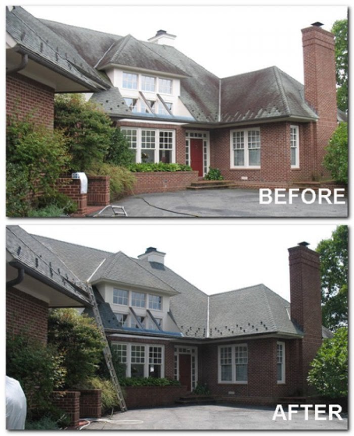 Cleaning a roof with a low-pressure chemical treatment can remove black streaks and discoloration. (Photo courtesy of Blue Ridge Roof Cleaning of Virginia)