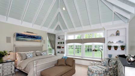 stylish bedroom with coffered ceiling
